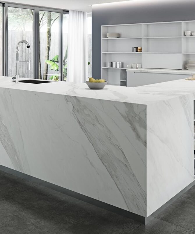 Calacata natural slabs porcelain in situ