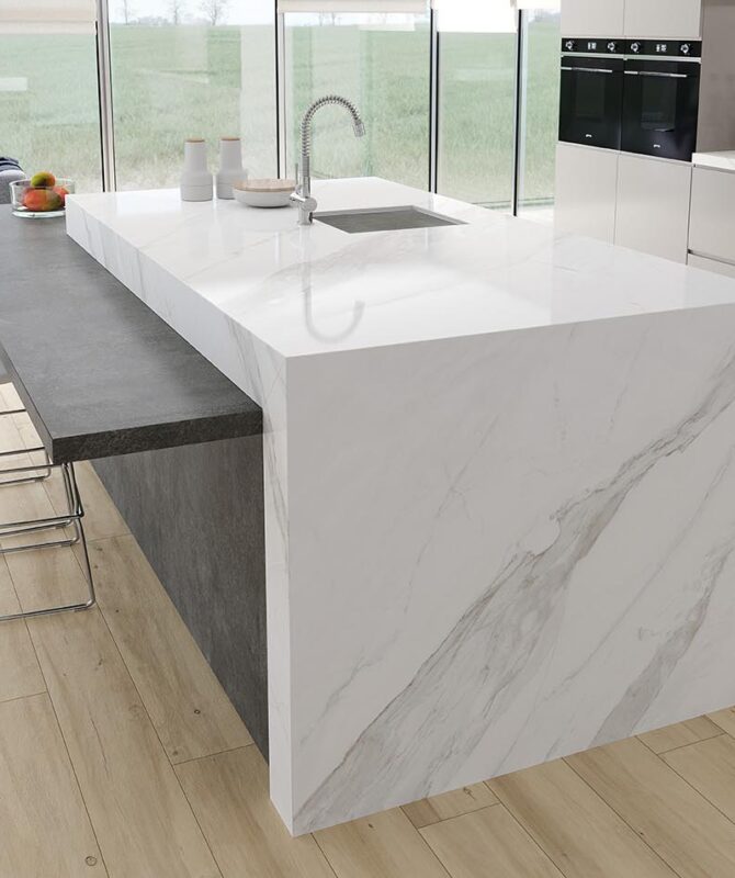 Calacata natural slabs porcelain in situ